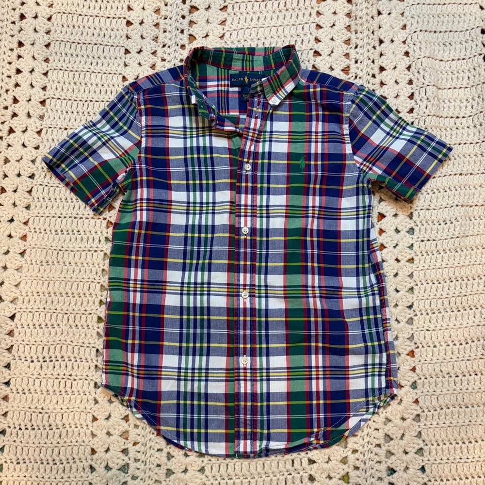 Ralph Lauren Blue/Green/Red/Yellow Plaid Button Down Shirt Short Sleeve Sz 7